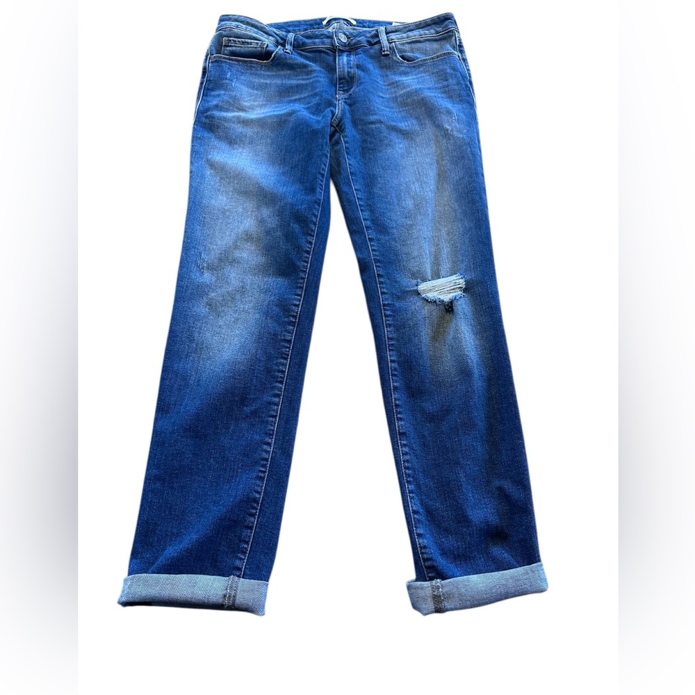 Mavi Emma Slim Boyfriend Jeans Stretch Blue Rolled Cuff Distressed 32 Oversized